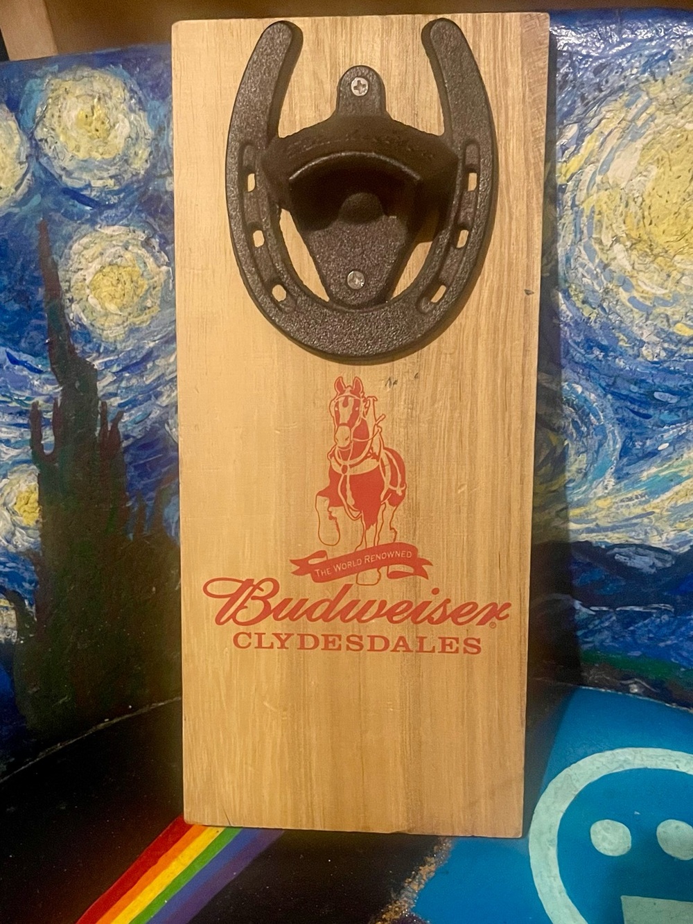 Budweiser Wooden Wall Bottle Opener with Red Clydesdales Logo